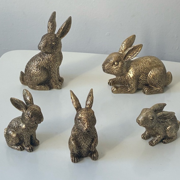 Gold Bronze Resin Bunny Family of 5 Easter Spring Rabbit Figurine Set